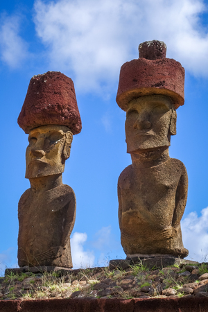 Moais statues site ahu Nao Nao on anakena beach, easter island, Chileの写真素材