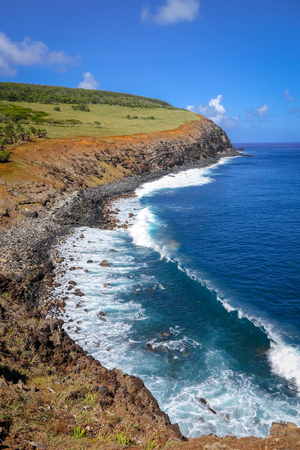 Cliffs on Rano Kau volcano in Easter Island, Chileの写真素材