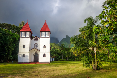 Haapiti church in Moorea island jungle, landscape. French Polynesiaの写真素材