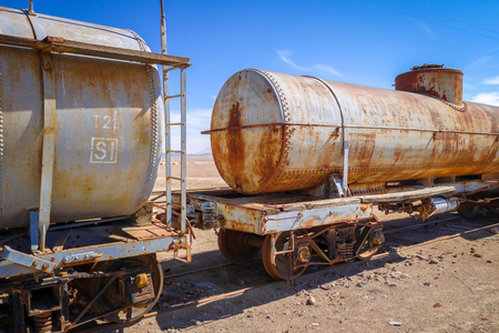 Old train station in Bolivian desert, south americaの写真素材