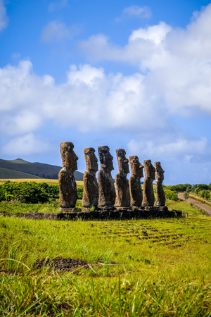 Moais statues, ahu Akivi, easter island, Chileの写真素材