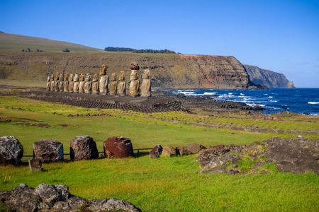 Moais statues, ahu Tongariki, easter island, Chileの写真素材