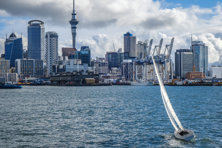 Auckland city center view from the sea and sailing ship, New Zealandの写真素材