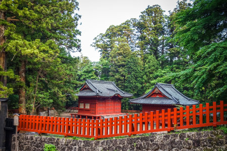 Traditional red wooden Shrine in Nikko, Japanのeditorial素材