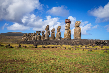 Moais statues, ahu Tongariki, easter island, Chileの写真素材