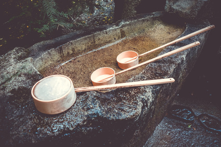 Purification fountain at a Shrine in Arashiyama, Kyoto, Japanの写真素材
