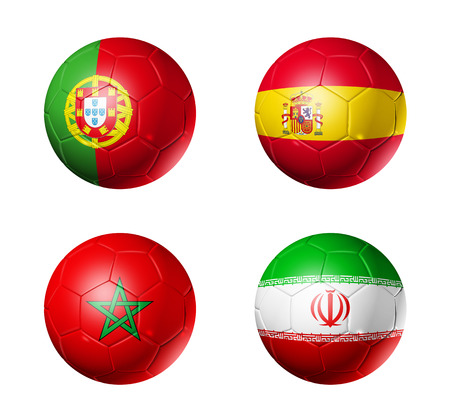 3D soccer balls with group B teams flags, Football competition Russia 2018. isolated on whiteの写真素材