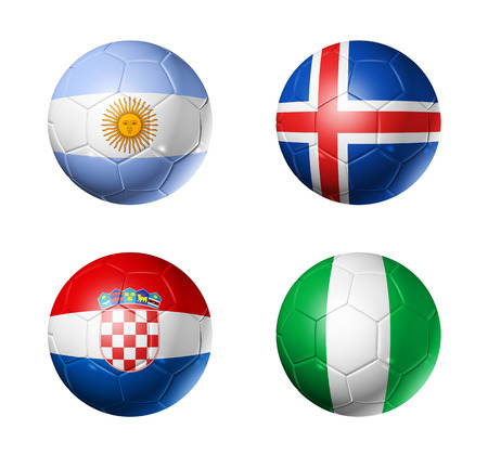 3D soccer balls with group D teams flags, Football competition Russia 2018. isolated on whiteの写真素材