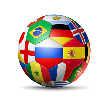 3D football soccer ball with team national flags. Russia 2018. Isolated on whiteの写真素材