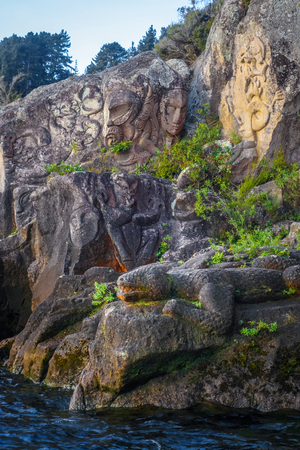 Traditional Maori rock carvings, Taupo Lake, New Zealandの写真素材