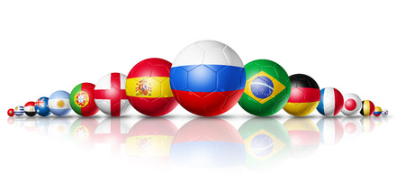 3D football soccer balls with team national flags. Russia 2018. Isolated on whiteの写真素材