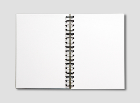 Blank open spiral notebook mockup isolated on greyの写真素材