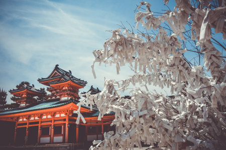 Omikuji tree Heian Jingu Shrine temple in Kyoto, Japanのeditorial素材