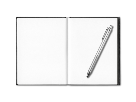 Blank open notebook and pen mockup isolated on whiteの写真素材