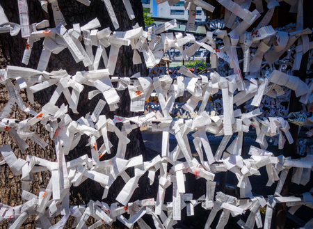 Traditional Omikujis in Ueno temple, Tokyo, Japanの写真素材