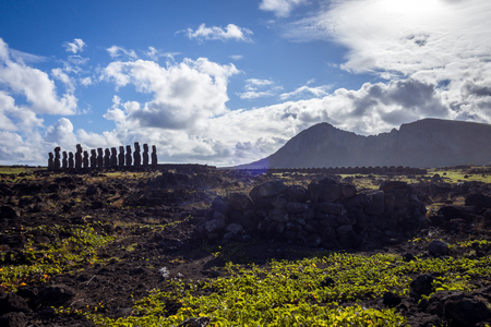 Moais statues, ahu Tongariki, easter island, Chileの写真素材