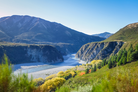 Mountain canyon and river landscape in New Zealand alpsの写真素材