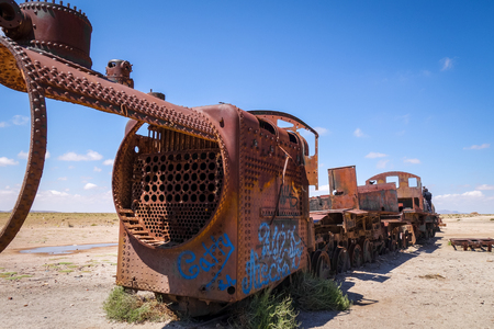 Train cemetery in Uyuni, Bolivia, south americaの写真素材