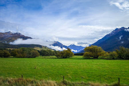New Zealand countryside and mountains landscapeの写真素材