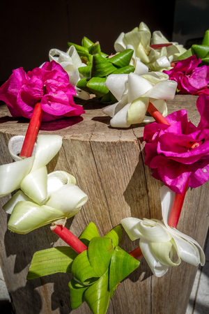 Traditional polynesian flower necklace on a wooden backgroundの写真素材