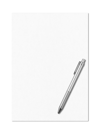 Blank A4 paper sheet and pen mockup template isolated on white backgroundの写真素材