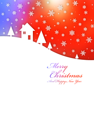 Merry Christmas card with a winter landscape on a rainbow backgroundの写真素材