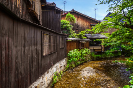 Traditional japanese houses on Shirakawa river in the Gion district, Kyoto, Japanのeditorial素材