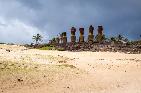 Anakena palm beach and Moais statues site ahu Nao Nao, easter island, Chileのeditorial素材