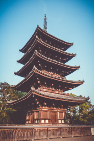 kofuku-ji temple pagoda in Nara Park, Japanのeditorial素材
