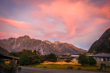 Mount Cook valley landscape at sunset, New Zealandのeditorial素材