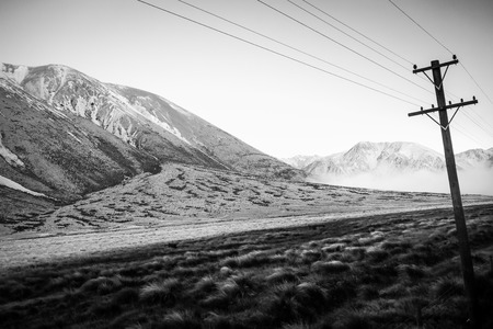 Mountain fields landscape in New Zealand, black and white pictureの写真素材