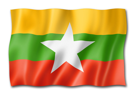 Burma Myanmar flag, three dimensional render, isolated on whiteの写真素材