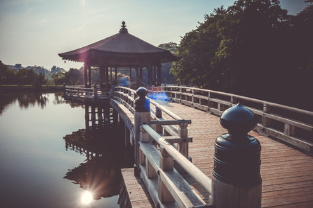 Ukimido Pavillion on a lake in Nara park, Japanの写真素材