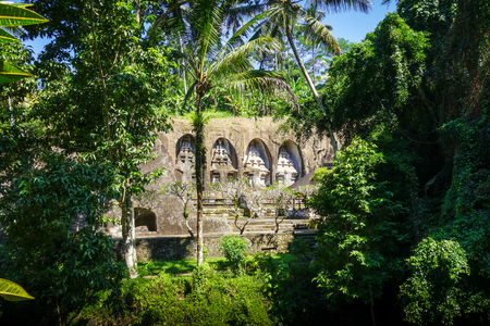 Carved rocks in Gunung Kawi funerary temple, Tampaksiring, Ubud, Bali, Indonesiaの写真素材