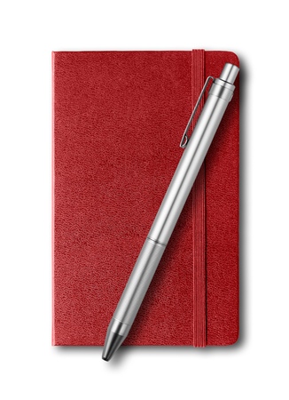 Dark red closed notebook and pen mockup isolated on whiteの写真素材