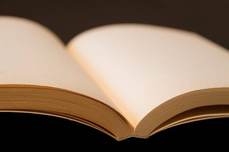 Old open blank book mockup, black backgroundの写真素材