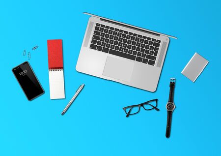 Modern office desk mockup top view isolated on blueの写真素材