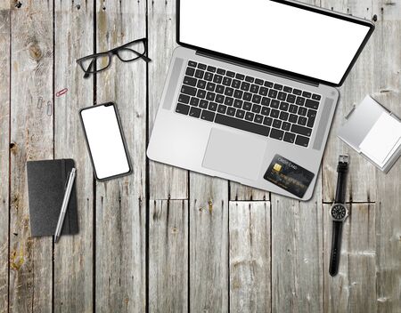 Vintage wooden office desk mockup top viewの写真素材