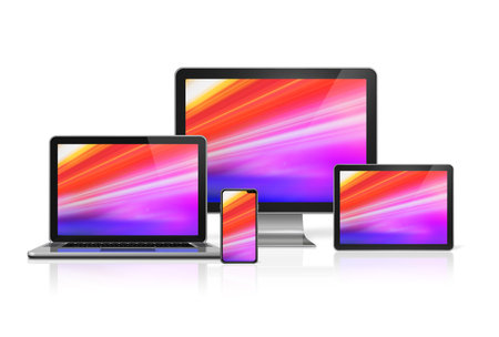 Computers and phone set mockup isolated on white background with colorful screens. 3D renderのeditorial素材