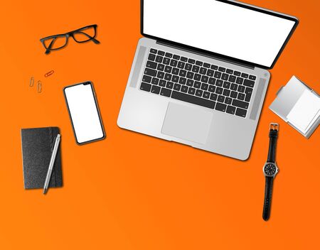 Modern office desk mockup top view isolated on orangeの写真素材