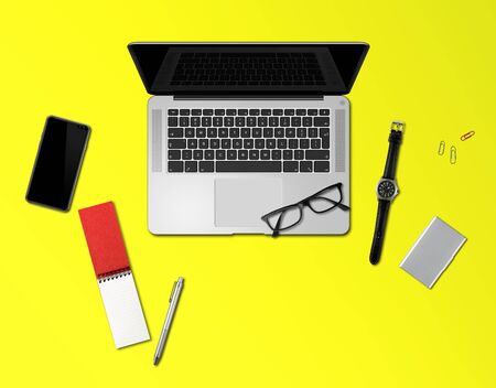 Modern office desk mockup top view isolated on yellowの写真素材