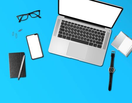 Modern office desk mockup top view isolated on blueの写真素材