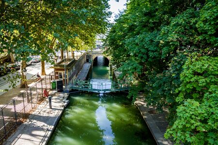 Lock on the Dock of la Villette in Paris, Franceの写真素材