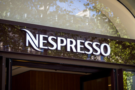 Paris/France - September 10, 2019 : The Nespresso coffee store entrance sign on Champs-Elysees avenueのeditorial素材