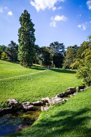 Buttes-Chaumont famous Park in summer, Paris, Franceの写真素材