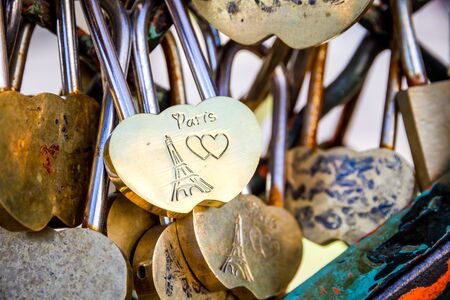 Love Paris Padlocks hanging on a fence, Franceの写真素材