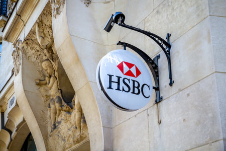 Paris/France - September 10, 2019 : The HSBC banking agency entrance sign on Champs-Elysees avenueのeditorial素材