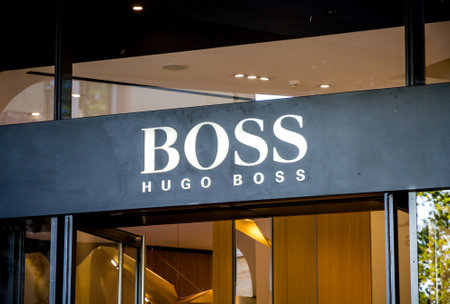 Paris/France - September 10, 2019 : The Hugo Boss luxury store entrance sign on Champs-Elysees avenueのeditorial素材