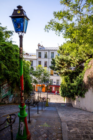 PARIS/FRANCE - September 6, 2019 : Typical Parisian stairway street on Butte Montmartreのeditorial素材