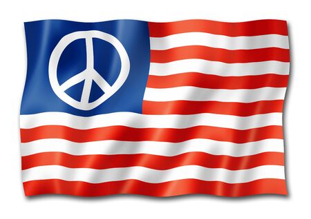 USA flag with peace sign, three dimensional render, isolated on whiteの写真素材
